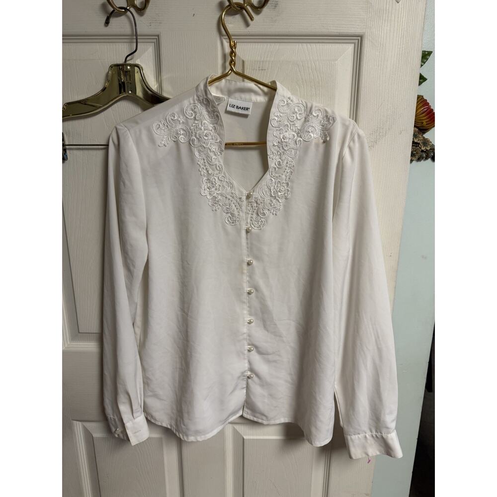 Liz Baker Pearl Button Down Semi Sheer Blouse White Med 10 42w Collar Sheer Y2k